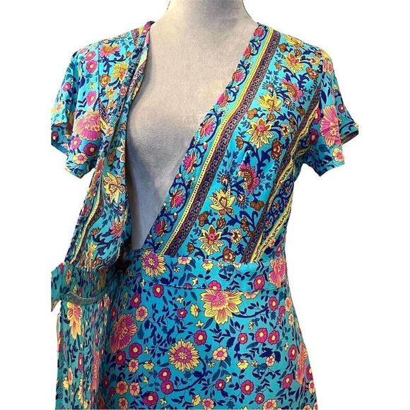 Zesica Women's XS Boho Floral V-Neck Wrap Dress Short Blue Summer Casual Flowy - Picture 5 of 13